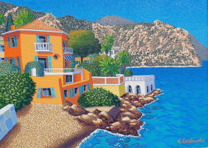 Rocazur — Paysage revisité de la Côte d'Azur : villa orange aux volets bleus et côte rocheuse. V.L