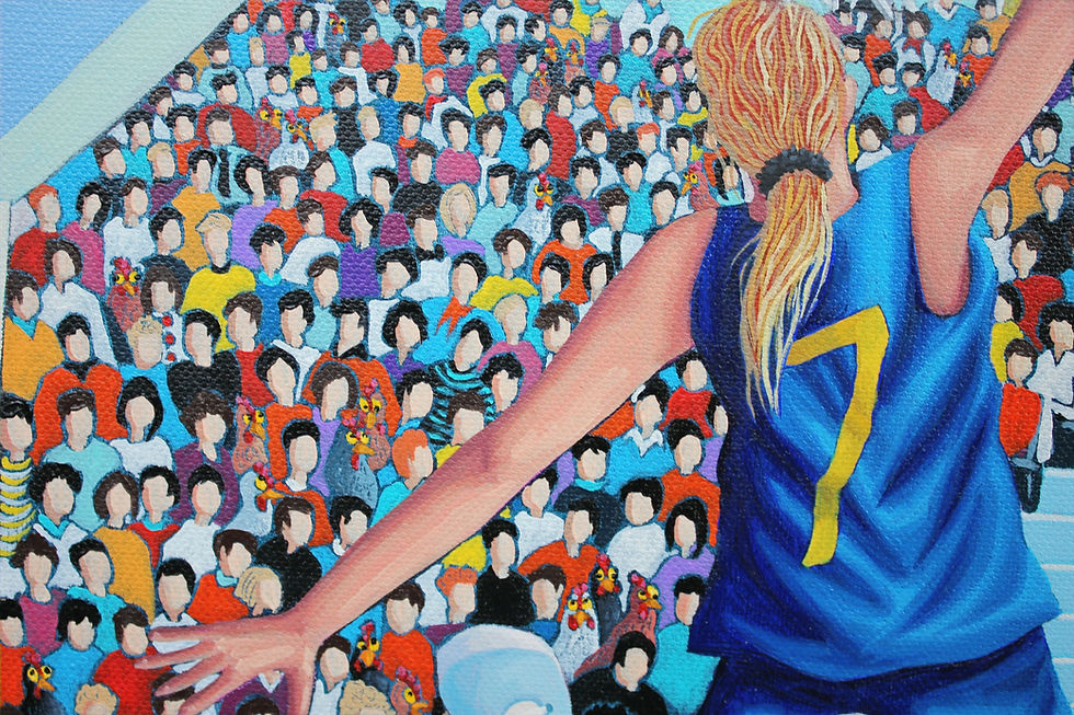 Miniature : Foule vue de haut, ambiance sportive détournée – peinture contemporaine poétique et narrative.