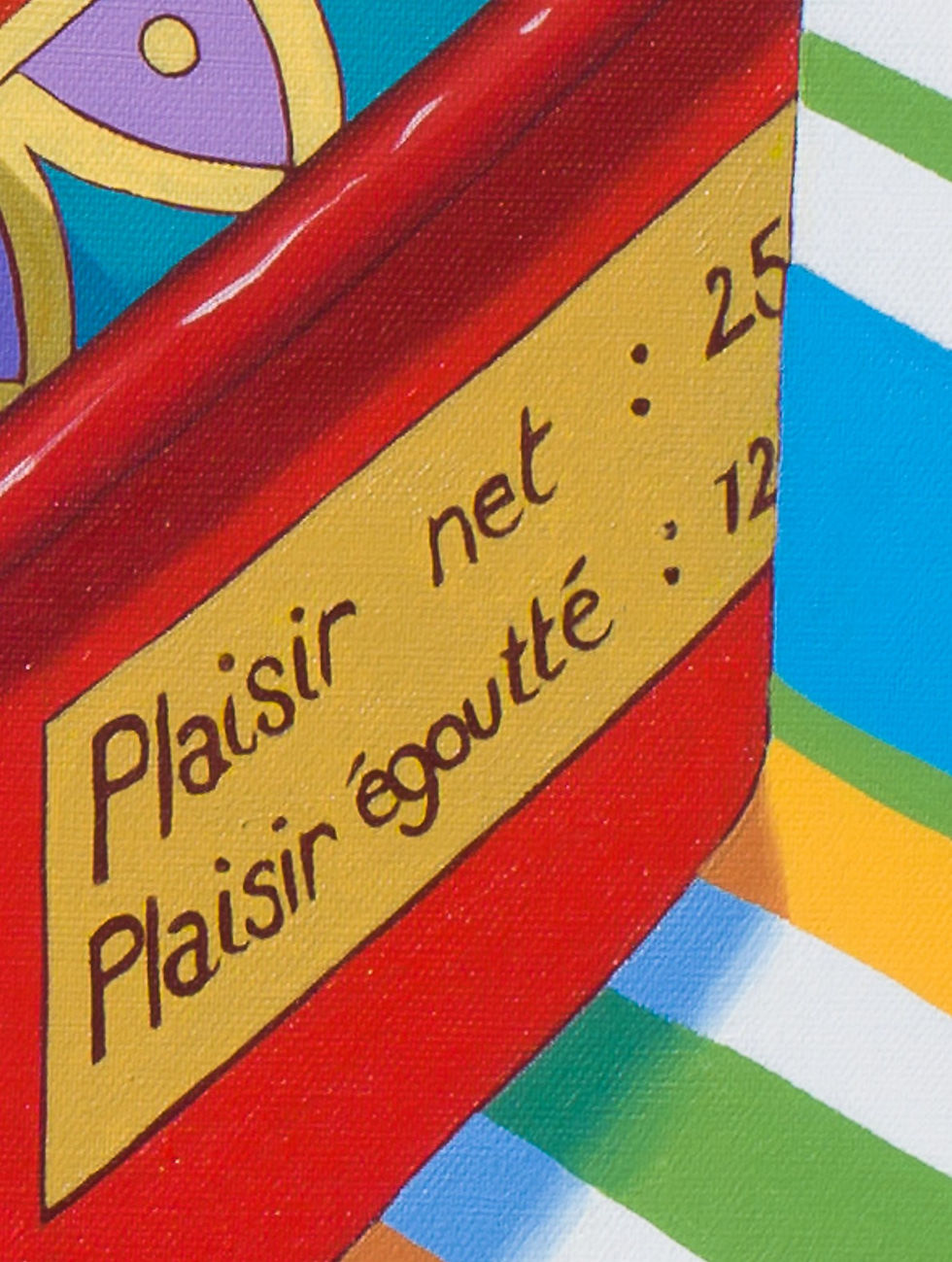 Peinture Un goût d’août – détail boîte décorative inscription Plaisir net et égoutté