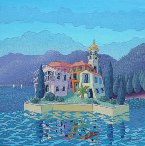 Islac — Peinture figurative d'un paysage rêvé de lac de montagne. Valérie Lacalmontie