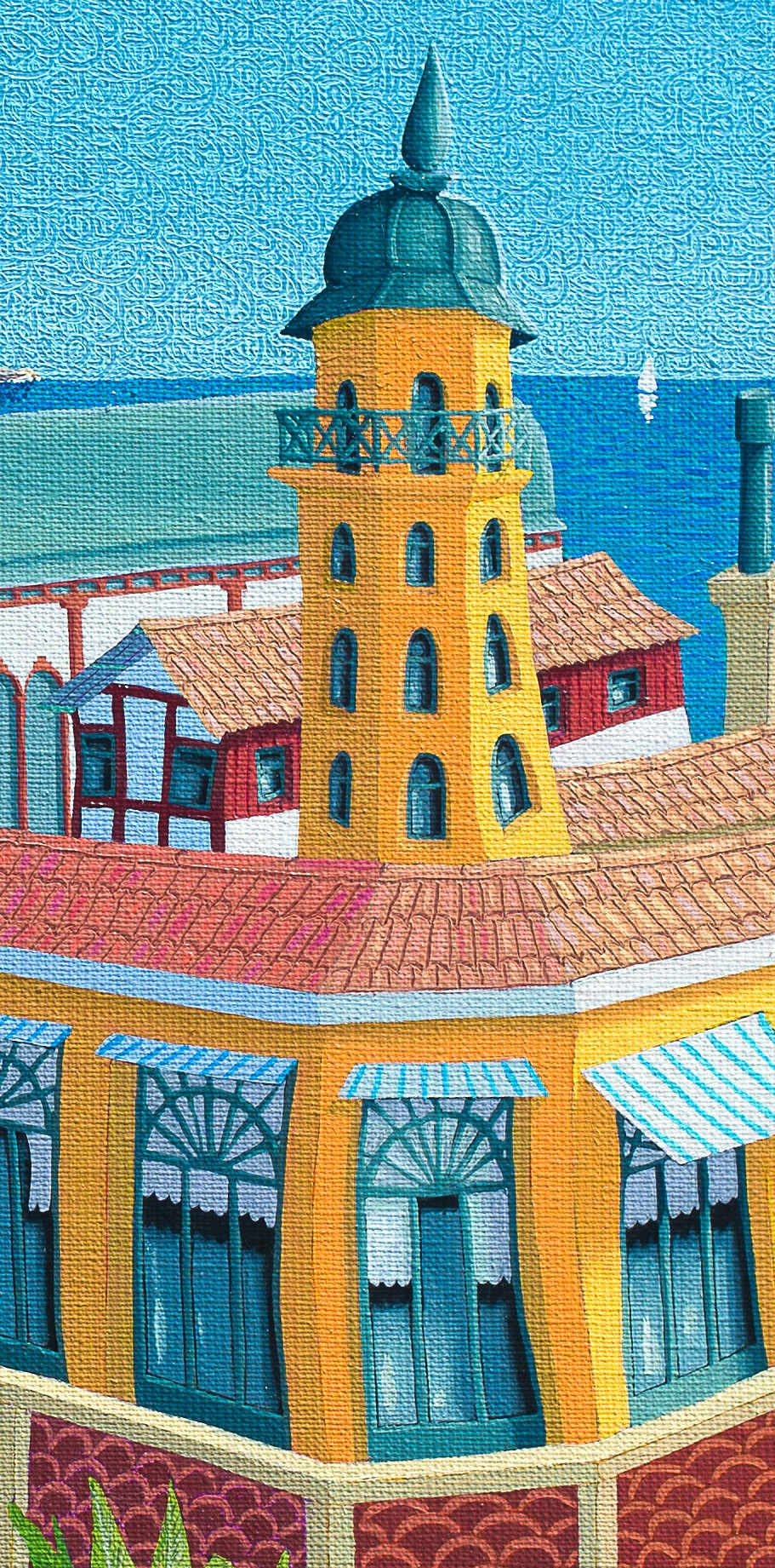 Tour jaune stylisée, détail d’une peinture poétique.