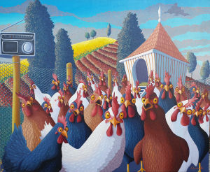 Wall Street collapses (Panique au poulailler) — Peinture figurative et humoristique de Wall Street 1