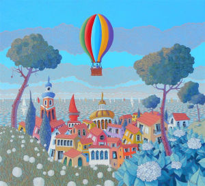 Floreastica — Paysage rêvé avec ballon dirigeable, clochers, hortensias par Valérie Lacalmontie.