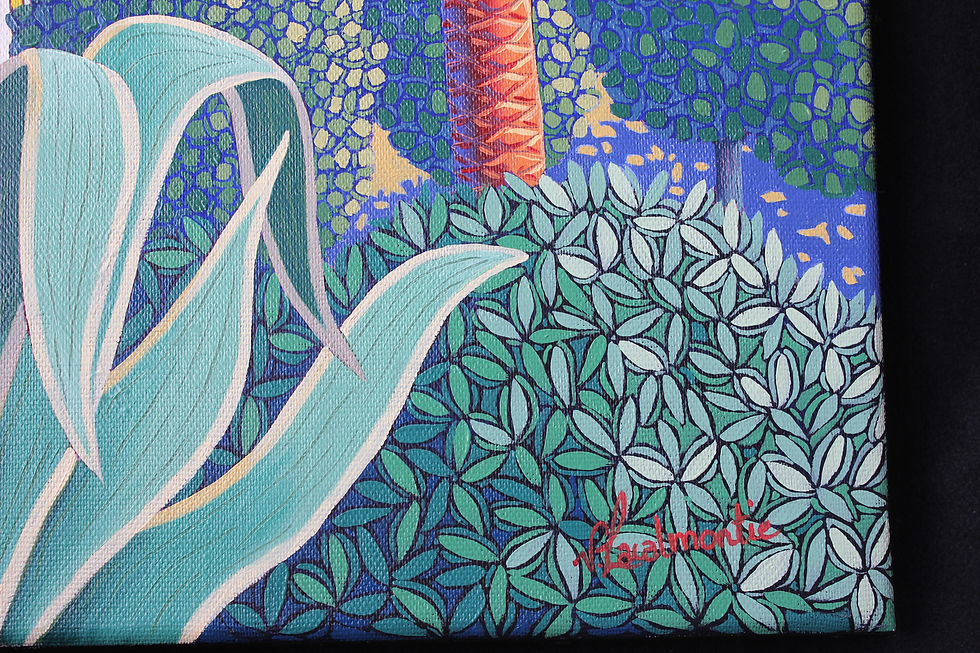 Signature et détail végétation et agave – Villefranche, peinture méditerranéenne de Valérie Lacalmon