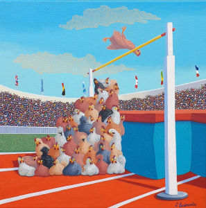 Poule et sauter (Stairway to heaven) — Peinture figurative et humoristique de sport, série Un monde 