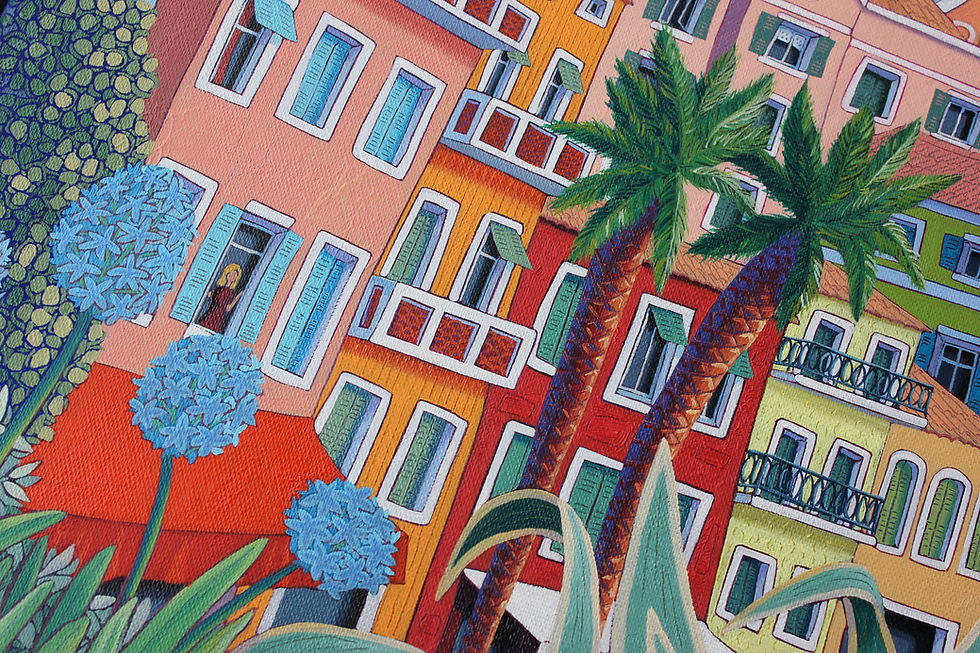 Façades colorées et palmiers – Détail de la peinture Villefranche, Côte d’Azur
