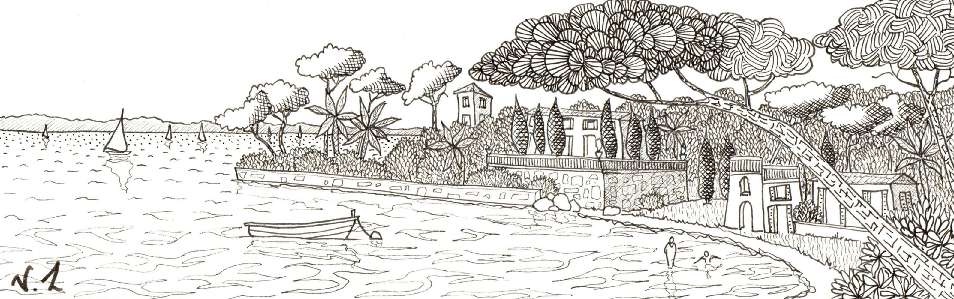 Dessin encre - Study Farnientina St-Jean-Cap-Ferrat - Valérie Lacalmontie