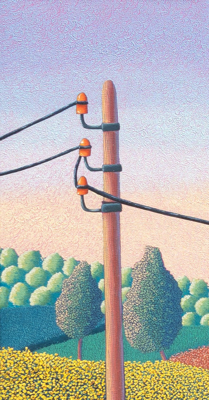 Poteau électrique et ciel pastel – détail de la peinture Catlinéa, œuvre contemporaine poétique