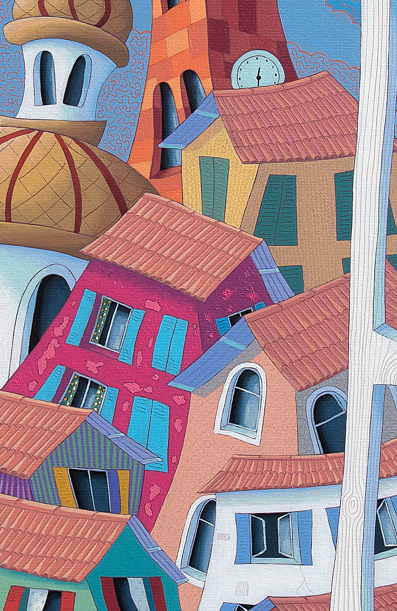 Peinture Velou d'été, détails des batiments colorés.