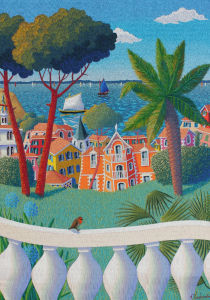 Baiablu — Paysage revisité d'Arcachon : villas colorées, balustrade et rouge-gorge par V.L