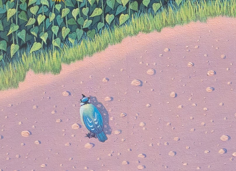 Petit oiseau bleu sur un chemin mauve, détail poétique de la peinture Catlinéa