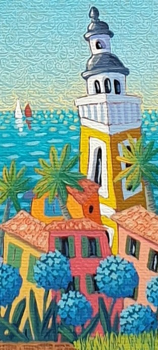 Detail of the steeple and agapanthus flowers – "The End of the Tunnel" painting