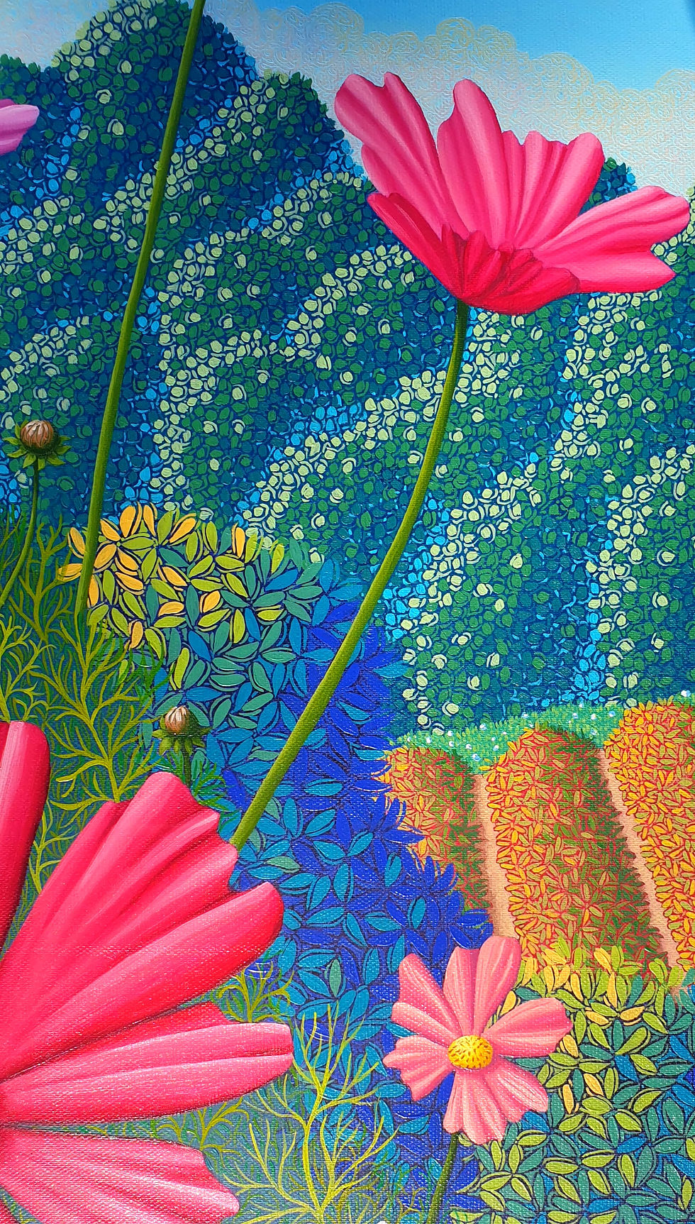 Détails fleurs de cosmos vives, colorées et collines stylisées.