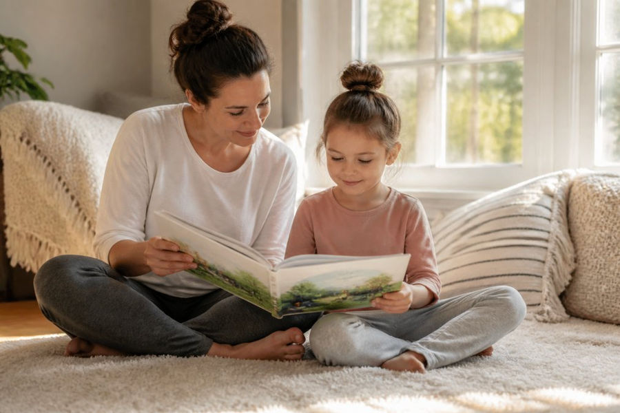 Parent and young child reading meditation books together on a cozy rug in soft natural sunlight