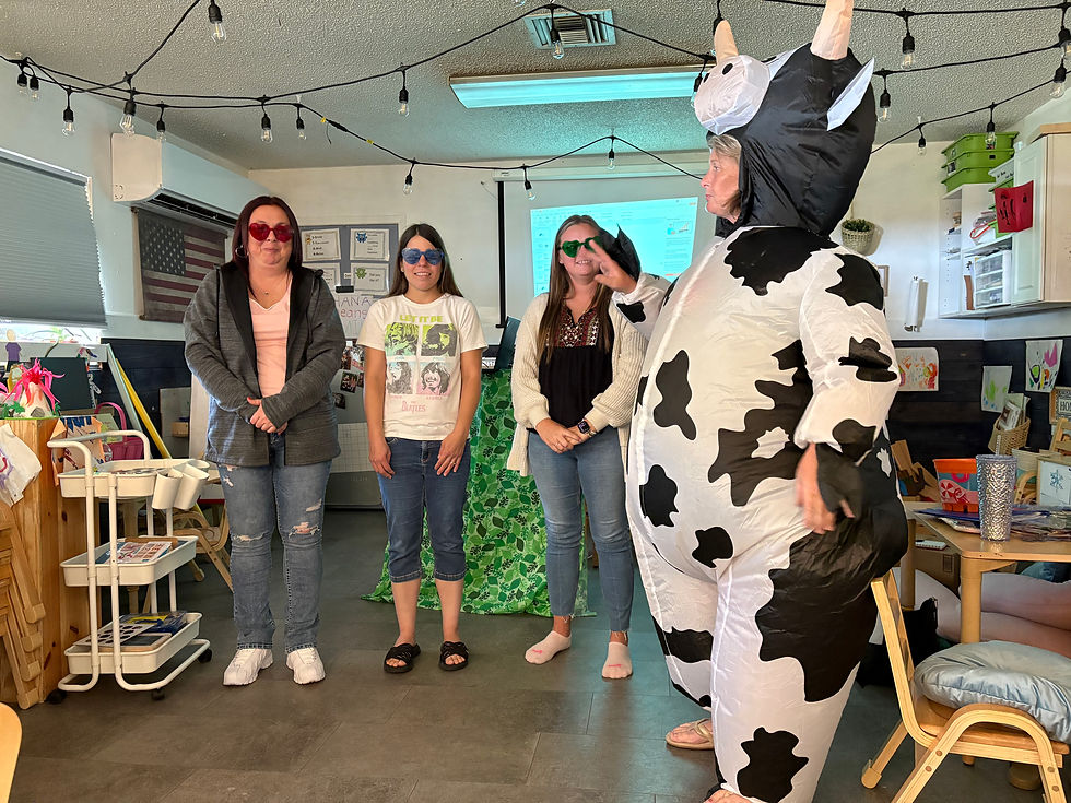 Mrs. Tina brings learning to life—even if it means wearing a cow costume! During our annual staff training, our team explored Conscious Discipline®, learning how the Red, Blue, and Green Brain states and executive functioning skills shape children's behavior and guide compassionate, effective responses.