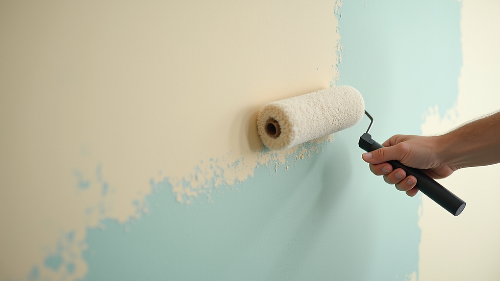 Close-up view of a paint roller applying a fresh coat of paint on a wall