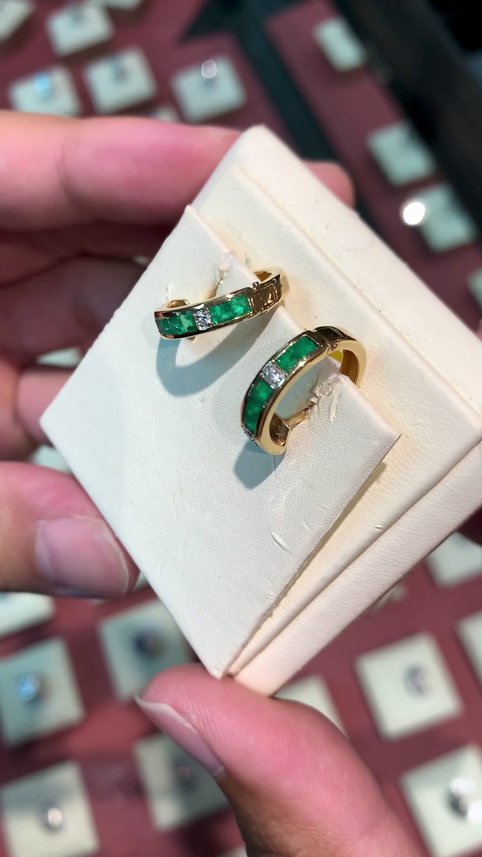 Thumbnail: 18K Gold 1.00ct Emerald & Diamond Huggies Hoop Earrings