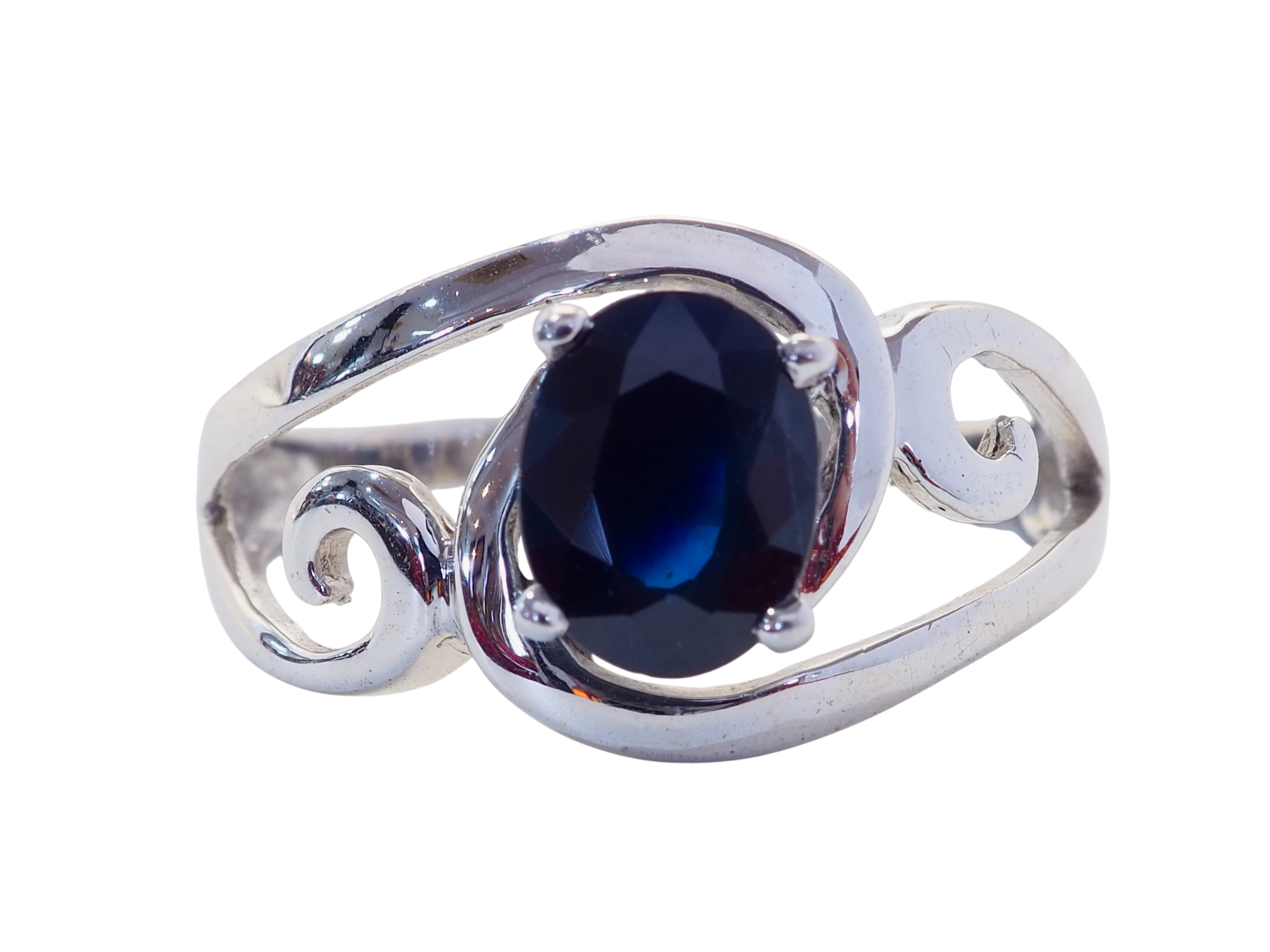 Sterling Silver 1.62ct Oval Dark Blue Sapphire Swirly Ring
