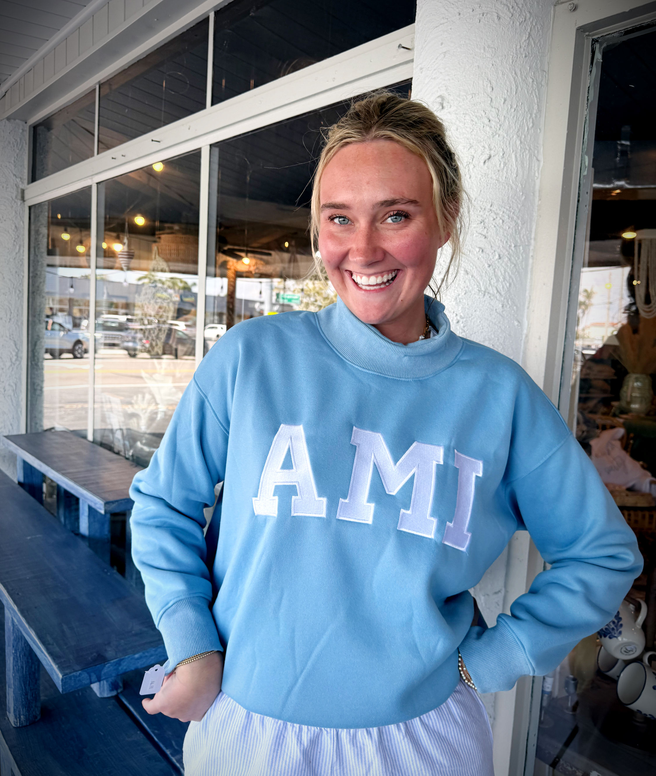 AMI Blue Mock neck
