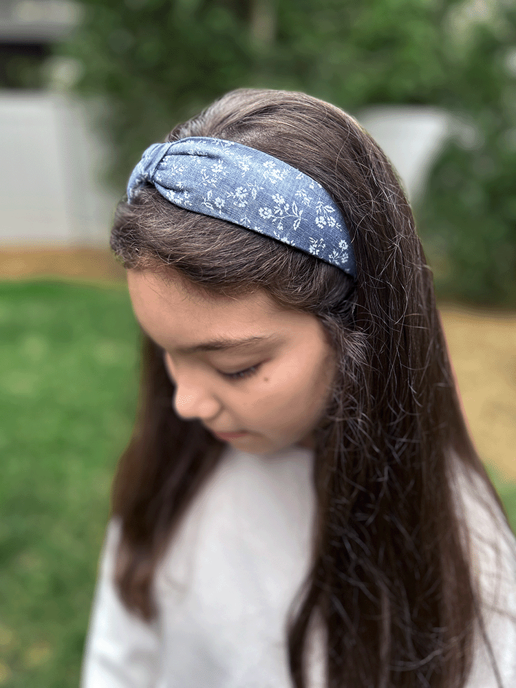 Thumbnail: Floral Chambray Denim Fabric Headband, on model additional side view