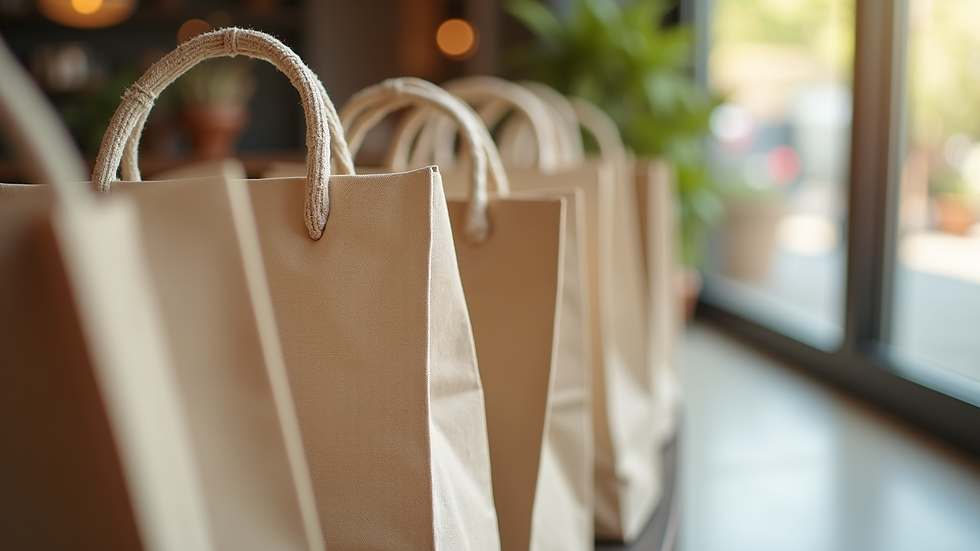 Close-up of reusable shopping bags made from recycled fabric