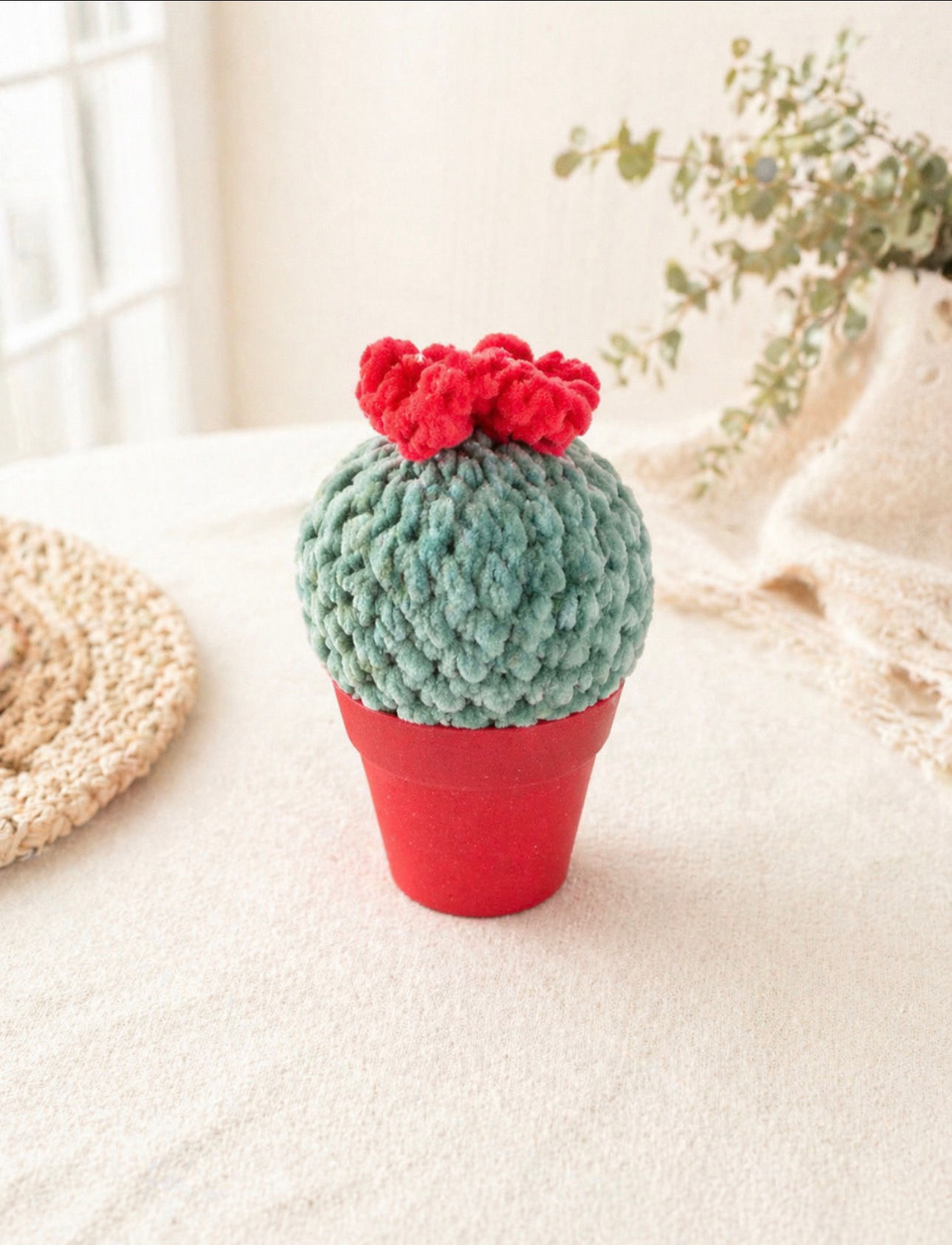 Crochet Cactus Plush – Handmade Succulent Decor – Cute Amigurumi Plant – red
