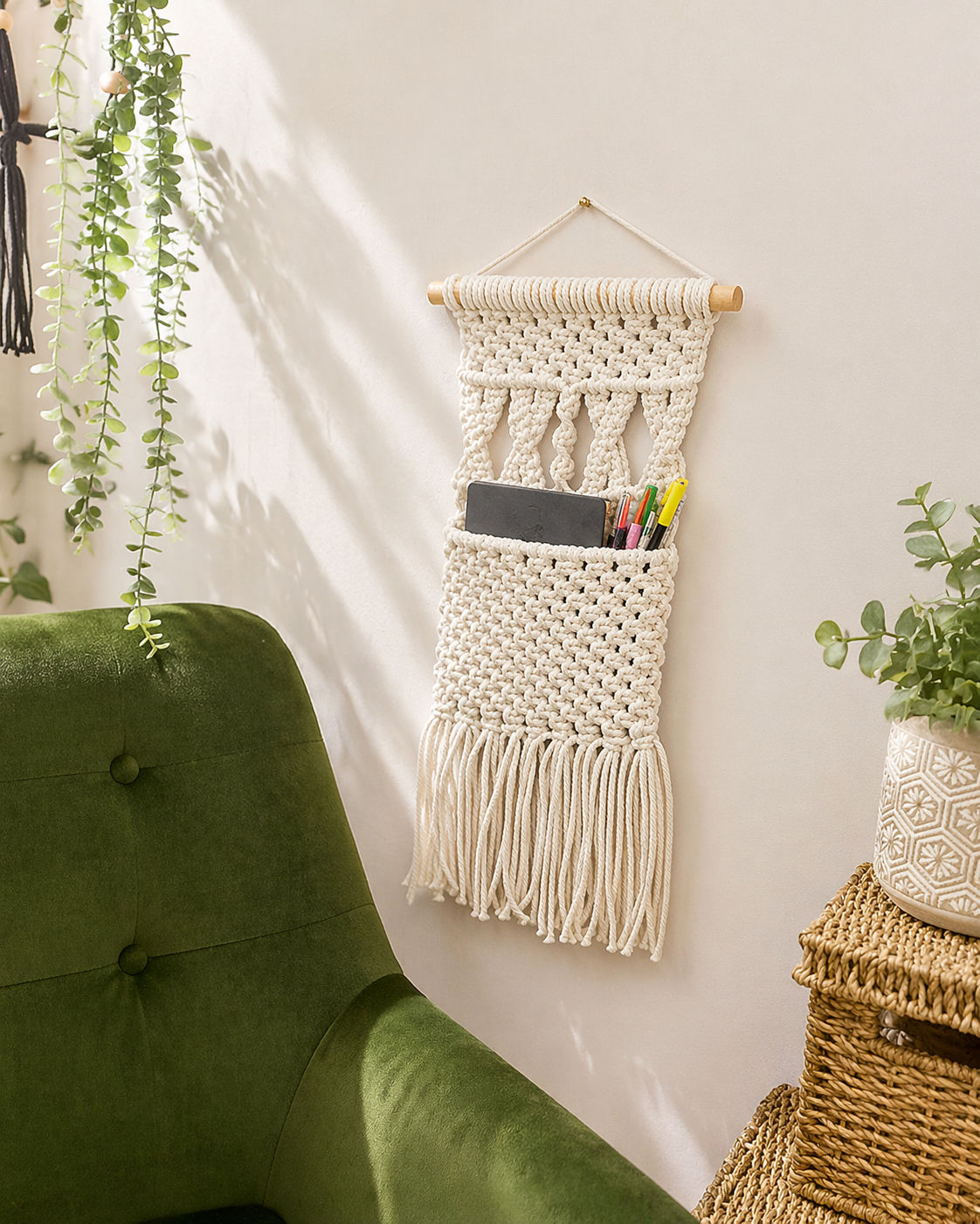 Macrame Wall Organizer Pocket | Handmade Boho Wall Storage | Hanging Phone Holde