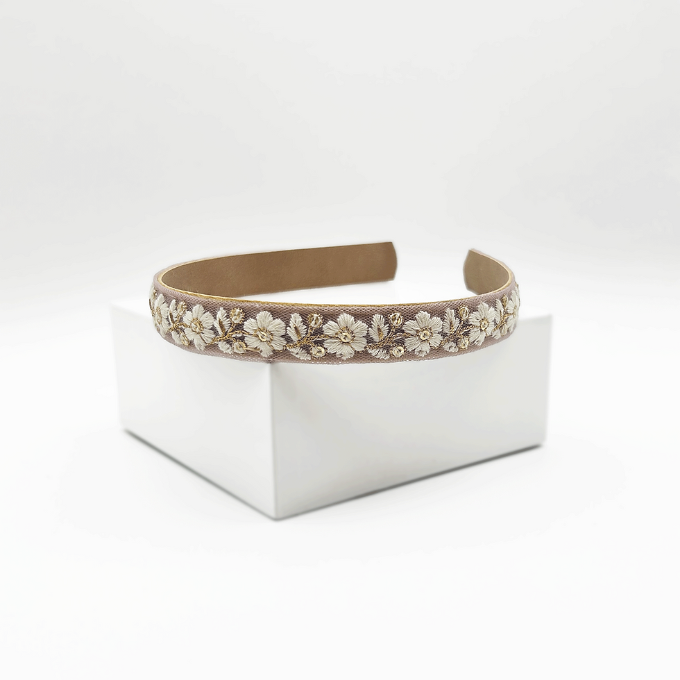 Thumbnail: Mauve tulle headband with ivory flowers and gold accents, side view