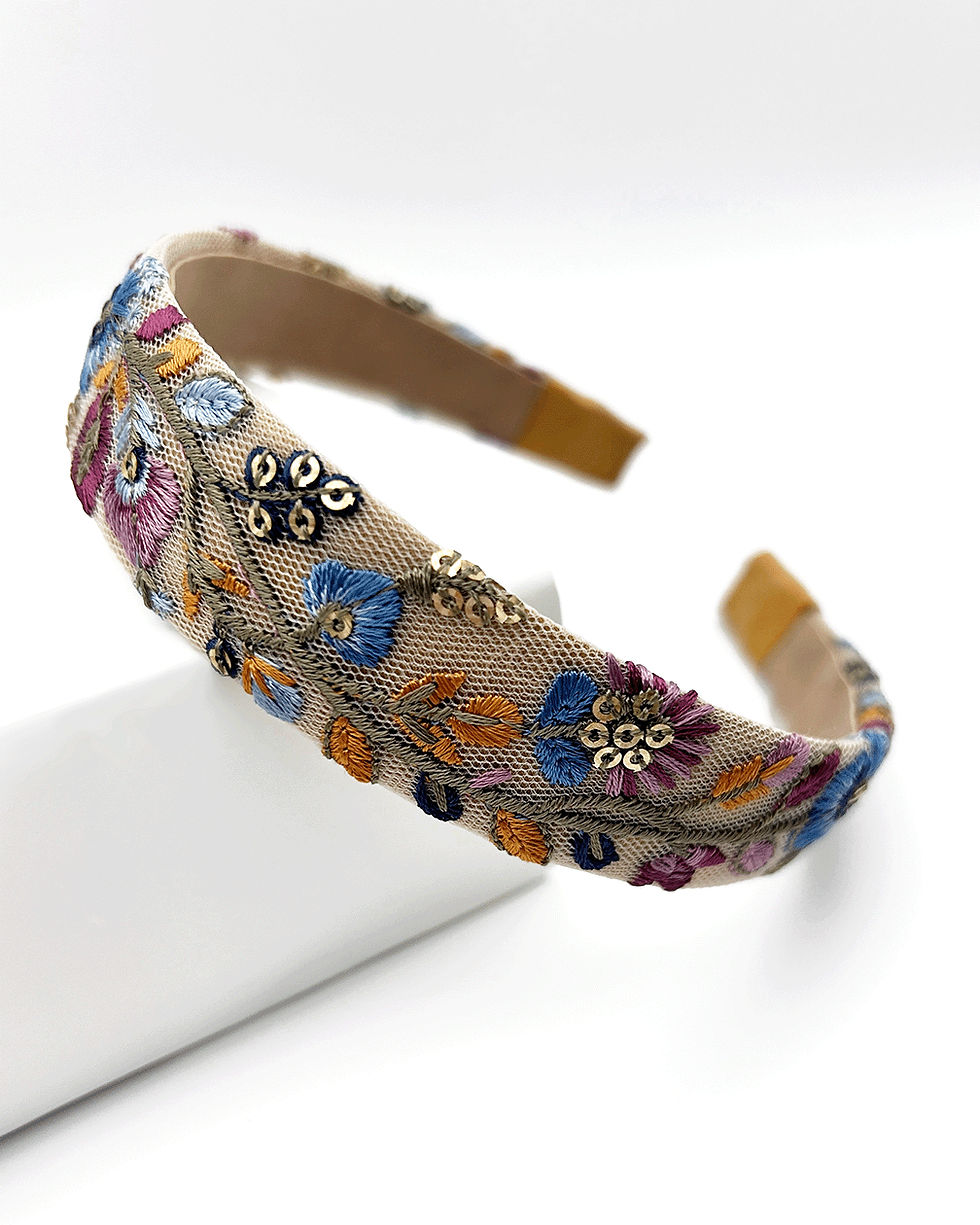 Thumbnail: Embroidered Floral Headband - Beige, closer angled view