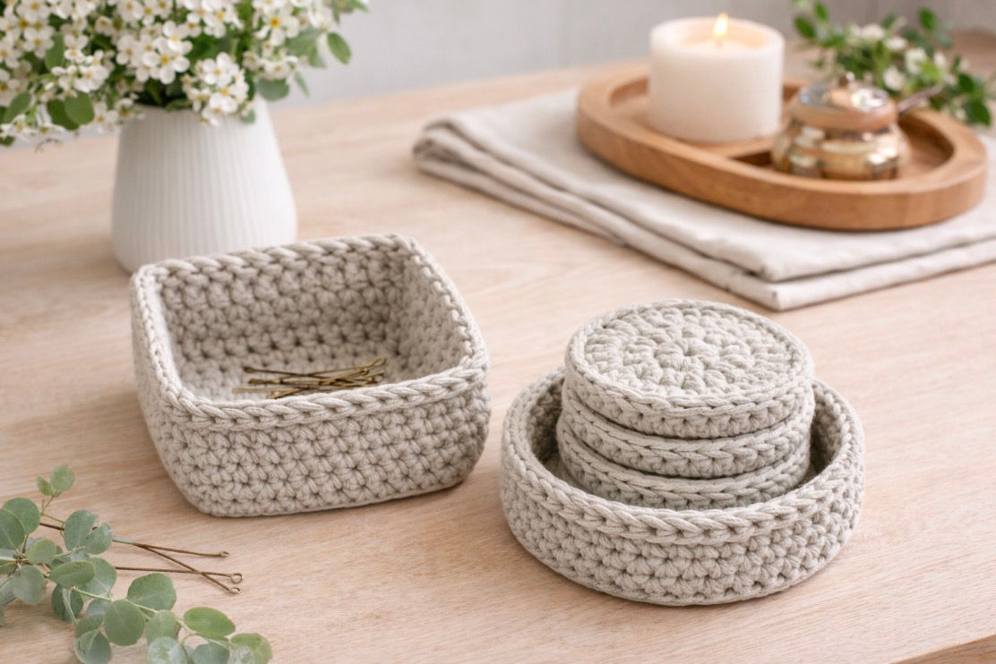 Handmade Crochet Coaster Set with Storage Basket – Modern Home Decor