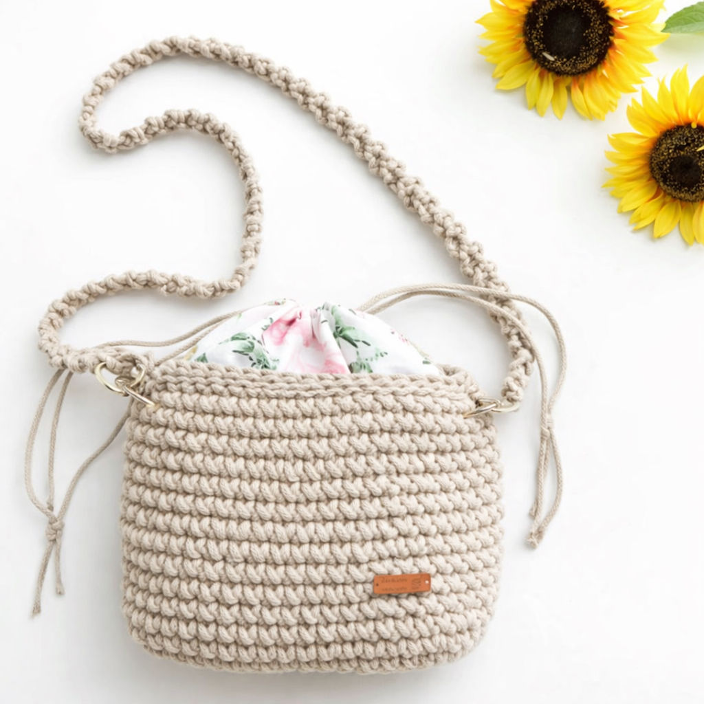Katina Crochet Crossbody Bag – Handmade Boho Bucket Bag with Floral Lining