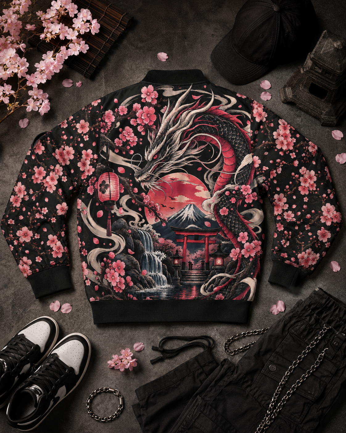 Cherry Blossom Dragon Bomber Jacket — Japanese Sakura AOP