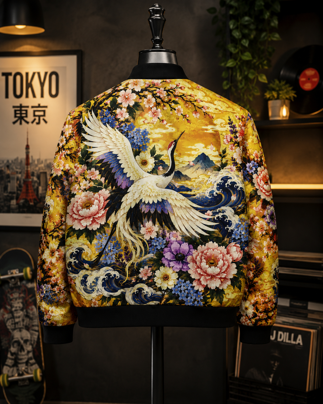 Golden Crane Floral Bomber Jacket