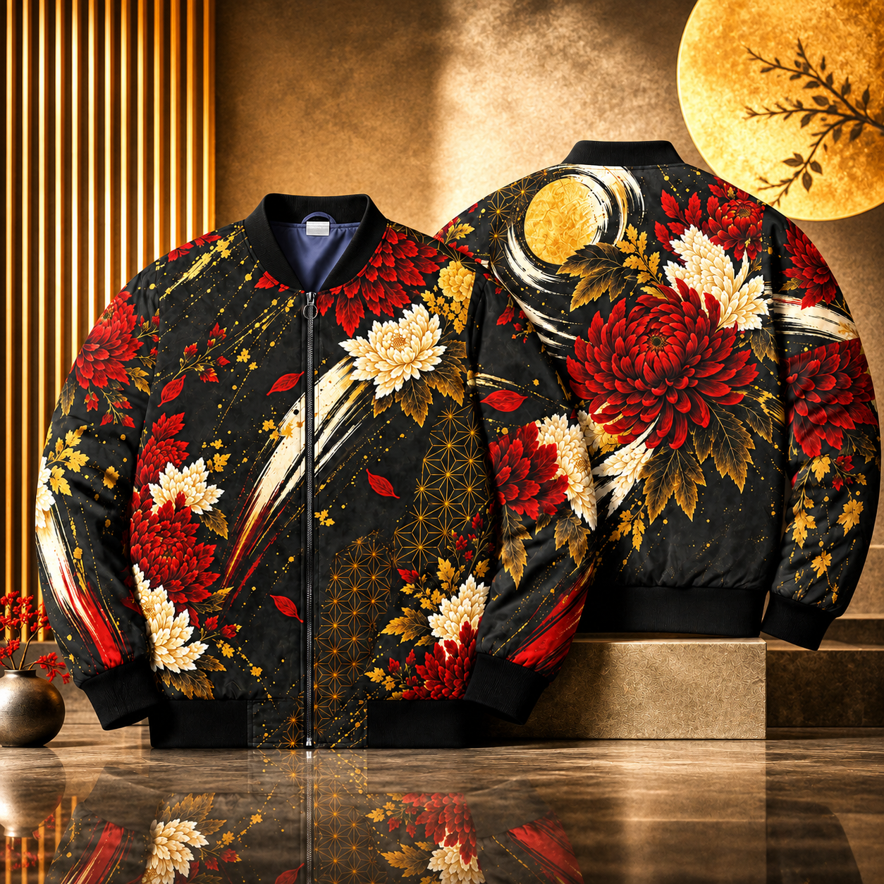 Floral Moon Bomber Jacket — Japanese Chrysanthemum AOP Jacket
