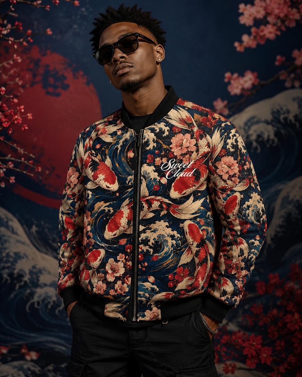 Thumbnail: Sweet Cloud Koi Rising Sun Bomber Jacket | Japanese-Inspired Streetwear