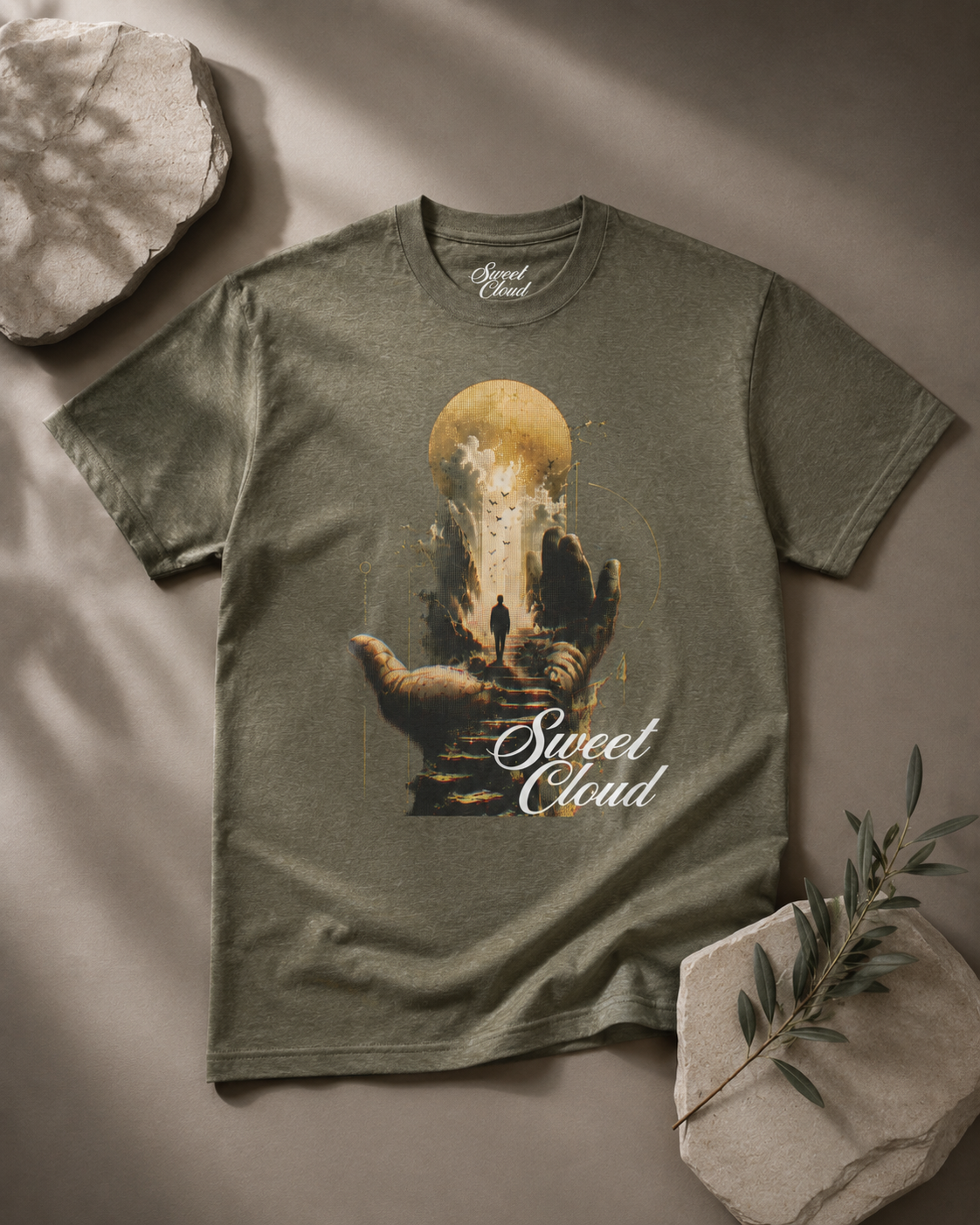 Sweet Cloud Spiritual Graphic T-Shirt | Surreal Hand & Golden Moon Tee