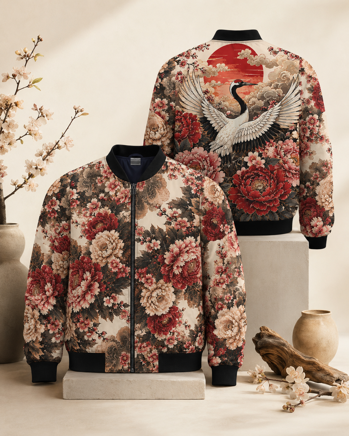Floral Crane Bomber Jacket — Vintage Peony Sunset