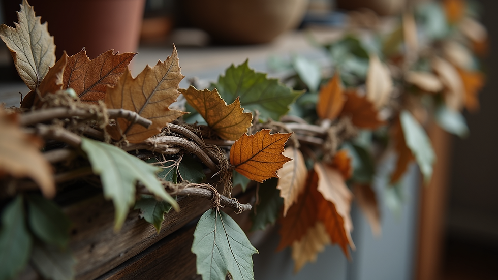 Close-up view of a rustic garland made of dried leaves and twigs