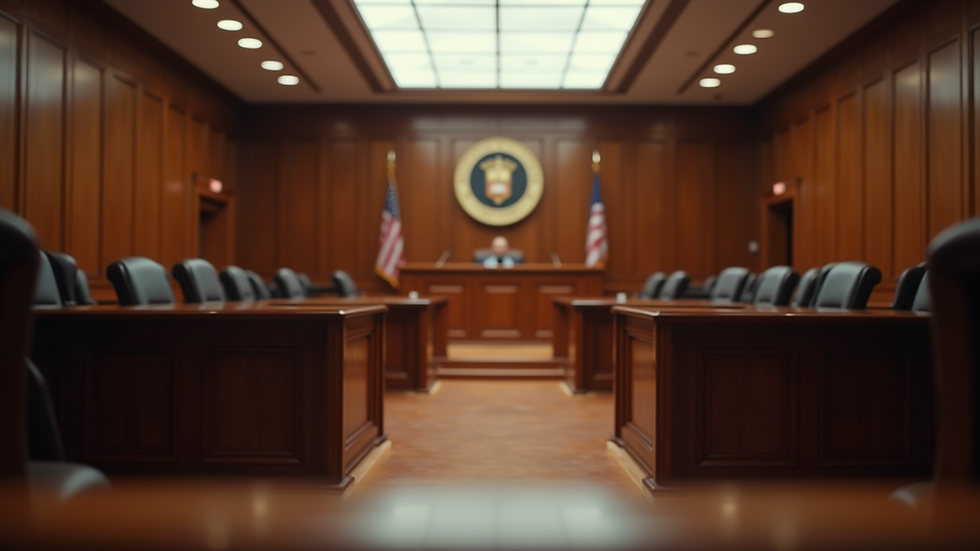Eye-level view of a courtroom with a judge's bench and witness stand