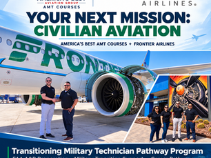 Promotional poster for America’s Best AMT Courses and Frontier Airlines, showing a Frontier jet, people, and aviation training text.
