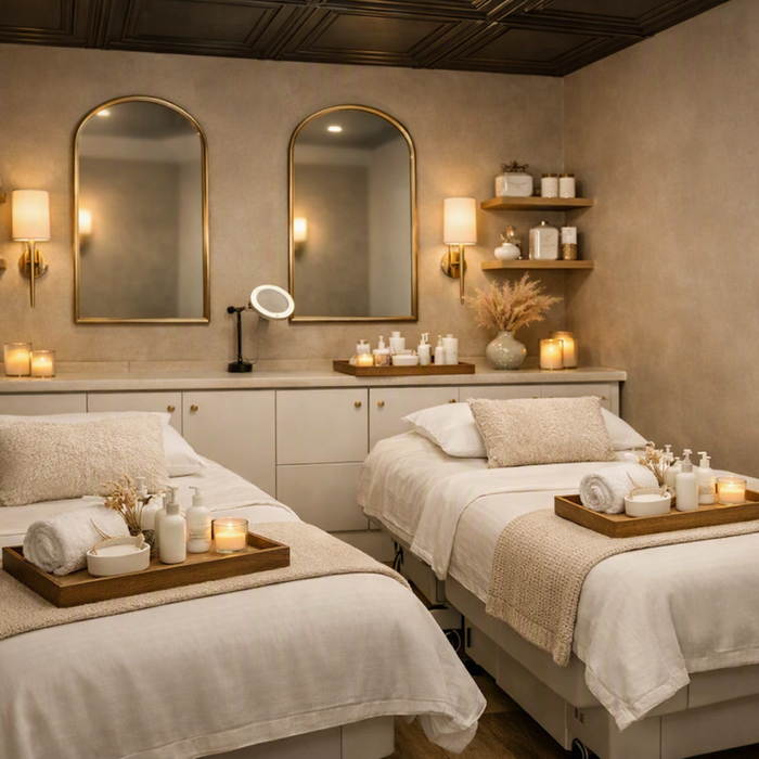 Two spa treatment beds in a serene, candlelit room.