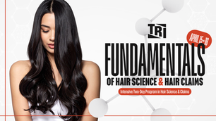 ‘Fundamentals of Hair Science and Hair Claims’ course flyer featuring a woman with shiny, healthy hair.