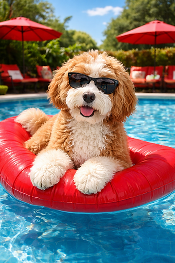 Dog floating in a pool wearing sunglasses.
