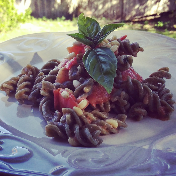 Spinach, Basil and Garlic Fusilli with Fresh Tomato Sauce, Classic Alioli and Pine Nuts