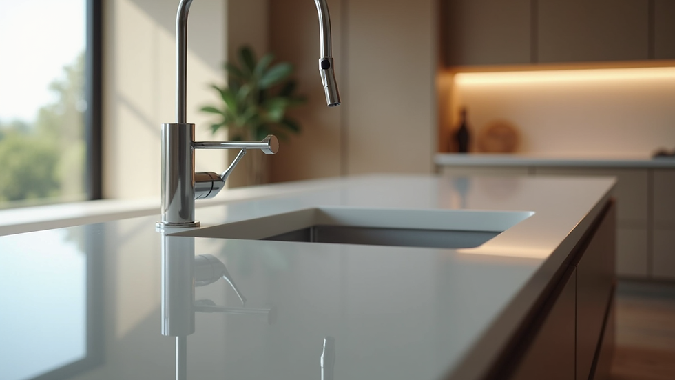 Close-up view of a kitchen island with built-in sink and faucet