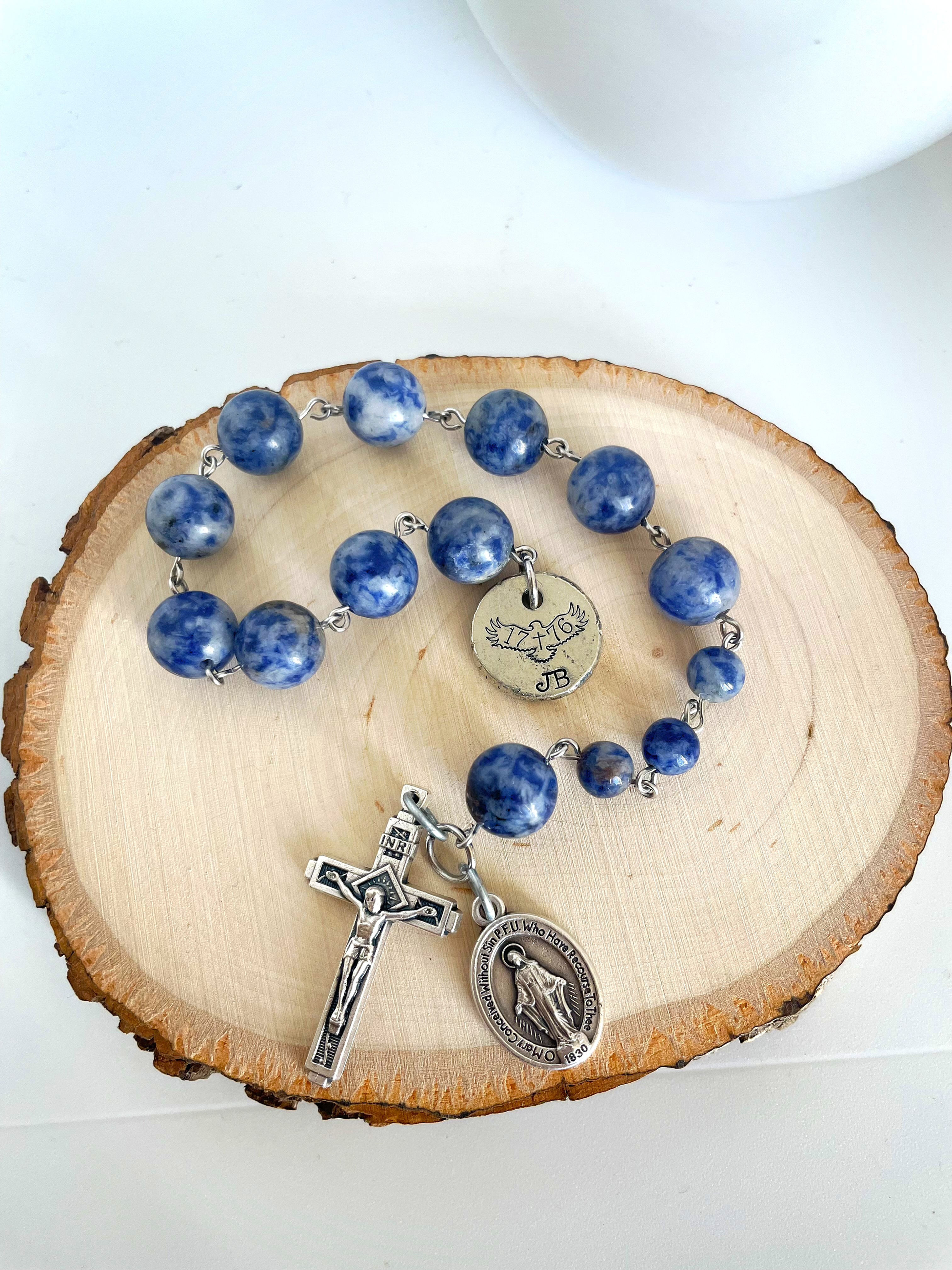 Personalized Pocket blue gemstone rosary, decade rosary, blue sodalite beads, catholic gift