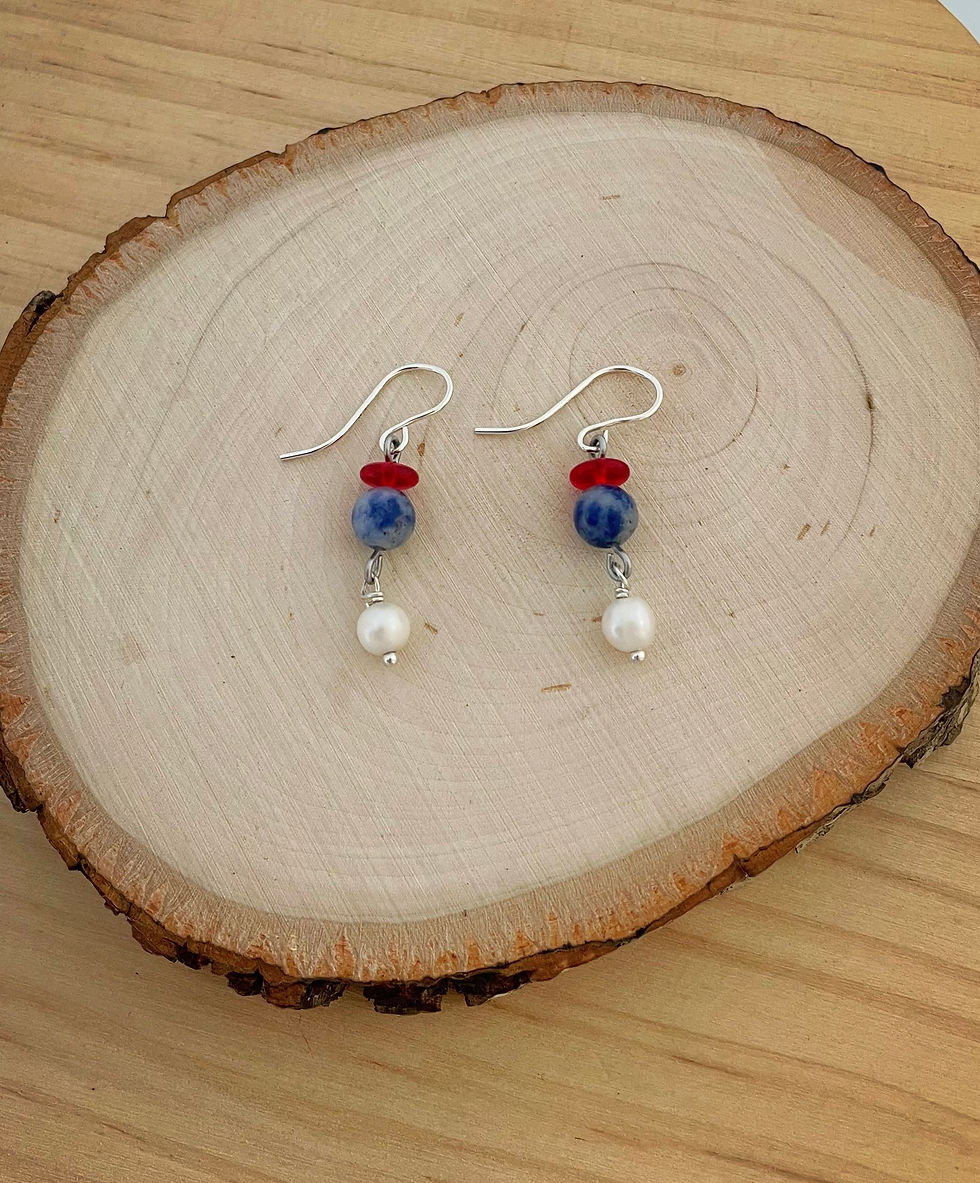 Thumbnail: Red, white blue dangle pearl earrings, summer earrings, festive pearl earrings,