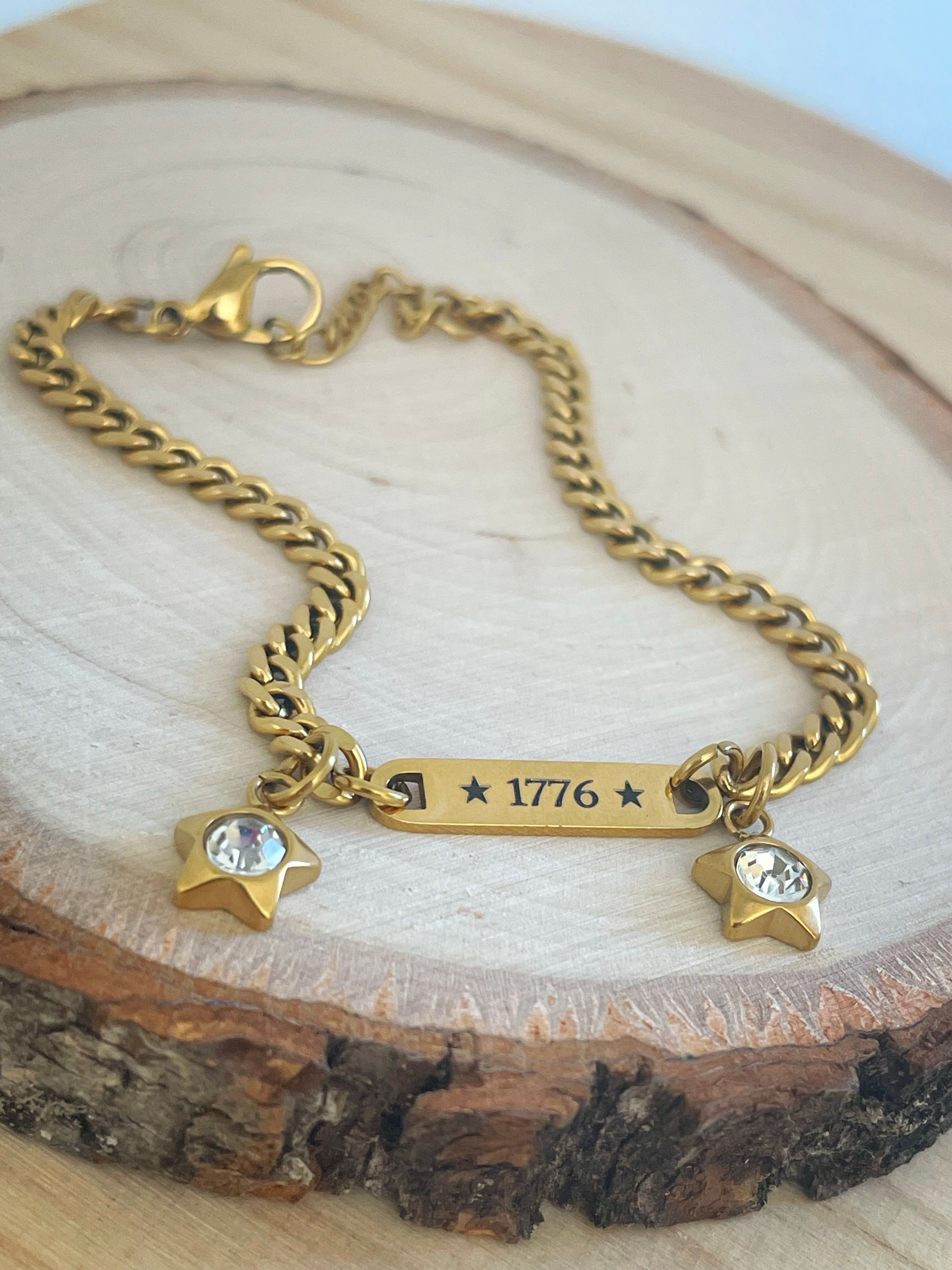 18K Gold PVD 1776 stainless steel bracelet, no tarnish chain bracelet, patriot bracelet