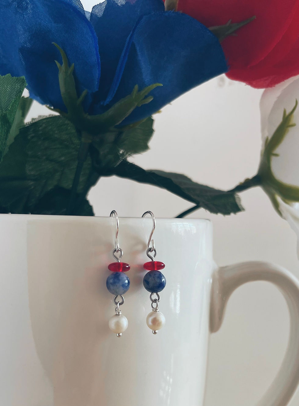 Red, white blue dangle pearl earrings, summer earrings, festive pearl earrings,