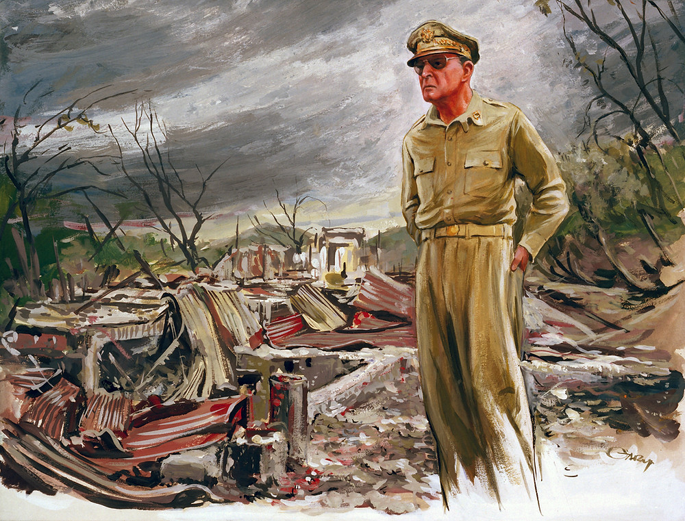 Painting of General McArthur on war grounds